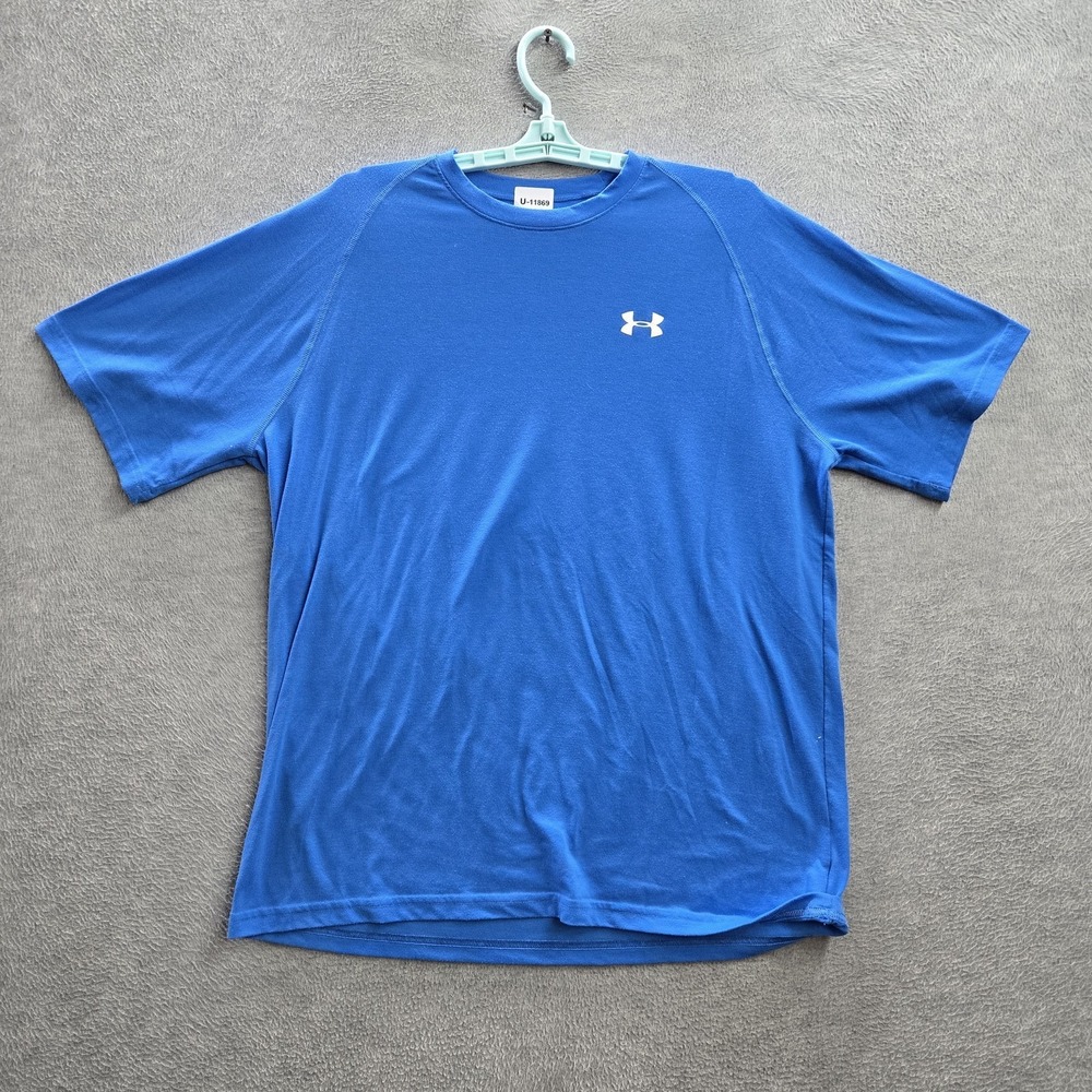 Under Armour Men Shirt L Blue‎ Logo Heatgear Activewear Short Sleeve
